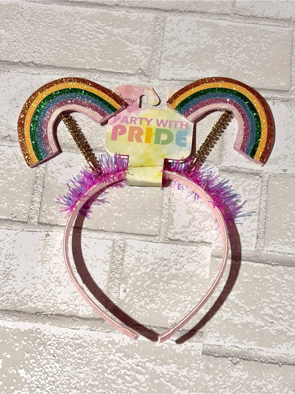 Party With Pride Rainbow Bobble Tinsel Headband Pink NEW